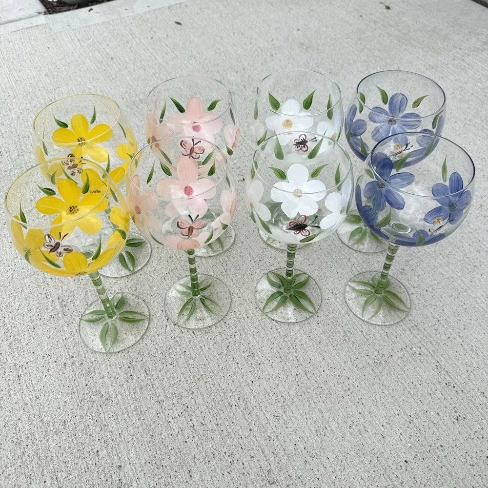 Vintage Hand Painted Wine Glass Floral Pansies Daisy 1970s Retro Kitchen Lot 8